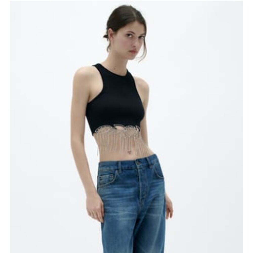 Zara Black Ribbed Cropped Halter Top Rhinestone Fringe Hem XS-Small - Picture 2 of 7